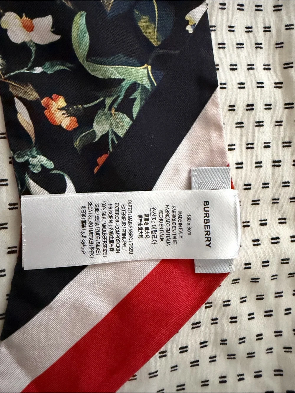 Burberry Floral Silk Skinny Scarf - Black with Red Accents